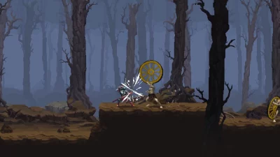 Screenshot from Blasphemous showing the hero facing off in battle with an opponent